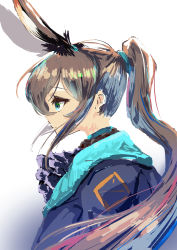 Rule 34 | 1girl, absurdres, amiya (arknights), animal ears, arknights, ascot, blue eyes, blue jacket, brown hair, closed mouth, commentary request, expressionless, frilled ascot, frills, from side, highres, jacket, long hair, looking away, ponytail, profile, purple ascot, rabbit ears, san (sayazaki), sidelocks, simple background, solo, upper body, white background
