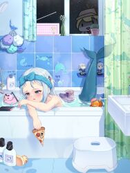 Rule 34 | 2girls, absurdres, bath, bath stool, bathing, bathroom, bathtub, blue hair, cellphone, character doll, curtains, fins, fish tail, food, gawr gura, hair ornament, highres, holding, holding food, hololive, hololive english, monmo mu, multicolored hair, multiple girls, partially submerged, phone, pizza, rubber duck, shark girl, shark hair ornament, shark print, shark tail, smartphone, smol ame, solo focus, spying, stool, tail, tile wall, tiles, virtual youtuber, voyeurism, watermark, watson amelia, white hair, window