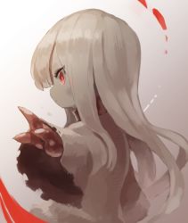 Rule 34 | 1girl, absurdres, closed mouth, colored skin, dress, fewer digits, from side, highres, long sleeves, looking at viewer, looking to the side, okame nin, original, outstretched arms, rags, red eyes, sideways glance, solo, spread arms, white dress, white hair, white skin, wide sleeves