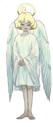 Rule 34 | 1other, :d, ahoge, androgynous, angel, angel wings, barefoot, blonde hair, dress, facing viewer, halo, highres, long sleeves, mossacannibalis, open mouth, original, own hands together, short hair, simple background, smile, solo, standing, white background, white dress, wings