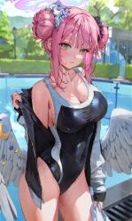 Rule 34 | 1girl, absurdres, angel wings, bare shoulders, blue archive, blush, breasts, collarbone, covered navel, double bun, feathered wings, flower, hair bun, hair flower, hair ornament, halo, highres, large breasts, long hair, looking at viewer, low wings, mika (blue archive), one-piece swimsuit, outdoors, parted lips, pink hair, pool, school swimsuit, scrunchie, sidelocks, solo, swimsuit, swimsuit under clothes, thighs, wet, white wings, wings, ye jji, yellow eyes