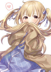 Rule 34 | 1girl, absurdres, blonde hair, blue dress, blush, brown cardigan, cardigan, covering own mouth, dress, futaba anzu, ggi315, hair ornament, heart, highres, holding, holding own hair, idolmaster, idolmaster cinderella girls, idolmaster cinderella girls starlight stage, looking at viewer, simple background, sleeves past fingers, sleeves past wrists, solo, spoken heart, twintails, white background