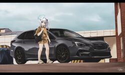 Rule 34 | 1girl, :o, absurdres, bag, blue archive, brown shirt, brown shorts, car, cargo pallet, cellphone, duffel bag, grey eyes, grey hair, hair intakes, halo, highres, holding, holding phone, letterboxed, long hair, miyako (blue archive), motor vehicle, nougat (73r1r1), one side up, phone, shirt, shoes, shorts, signature, smartphone, sneakers, socks, solo, subaru (brand), subaru impreza, vehicle focus, white footwear, white socks