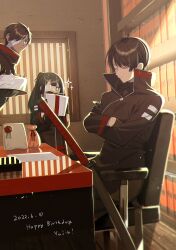 Rule 34 | 1boy, 2girls, absurdres, black gloves, black hair, black jacket, black shirt, chair, closed eyes, closed mouth, crossed arms, desk, eyepatch, gloves, half updo, highres, jacket, katana, library of ruina, long hair, medical eyepatch, michael (8m71d), multiple girls, office chair, pouch, project moon, red ribbon, ribbon, sheath, shirt, short hair, sparkling eyes, swivel chair, sword, tenma (project moon), valentin (project moon), very long hair, weapon, window, yujin (project moon)