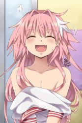 Rule 34 | 1boy, astolfo (fate), astolfo (sailor paladin) (fate), closed eyes, fang, fate/apocrypha, fate/grand order, fate (series), hair intakes, highres, long hair, male focus, maroonabyss, multicolored hair, official alternate costume, open mouth, pink hair, school uniform, serafuku, skin fang, smile, solo, streaked hair, trap, undressing, upper body