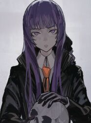 Rule 34 | 1girl, black gloves, black jacket, collared shirt, commentary, copyright request, dethmaid, gloves, grey background, highres, holding, holding skull, jacket, long hair, long sleeves, looking at viewer, necktie, open clothes, open jacket, orange necktie, parted lips, purple eyes, purple hair, shirt, simple background, skull, solo, white shirt