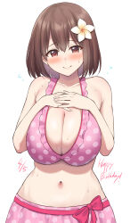 Rule 34 | 1girl, bare arms, bare shoulders, bikini, bikini skirt, birthday, blush, bob cut, bow, breasts, brown eyes, brown hair, cleavage, closed mouth, collarbone, daisy, fingernails, flower, flying sweatdrops, frilled bikini, frills, hair flower, hair ornament, happy birthday, highres, huge breasts, looking at viewer, navel, own hands together, pink bikini, pink bow, pink skirt, polka dot, polka dot bikini, polka dot skirt, princess connect!, simple background, skirt, smile, solo, stomach, sweat, swimsuit, white background, white flower, yue (show-ei), yui (princess connect!), yui (real) (princess connect!)