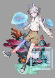 Rule 34 | 1boy, androgynous, belt, brown shorts, commentary request, coral reef, flower, frilled shirt, frills, full body, gradient scales, grey background, grey hair, hair between eyes, hair flower, hair ornament, highres, jellyfish, looking at viewer, male focus, original, pale skin, purple eyes, red belt, shirt, shoes, short hair, shorts, signature, smile, sneakers, solo, standing, standing on one leg, waterstaring, wide sleeves
