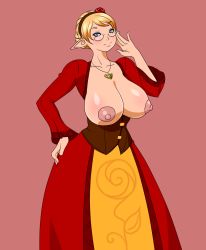 Rule 34 | 1girl, blonde hair, blue eyes, breasts, breasts out, collarbone, curvy, deonefairy, dress, elf, female focus, flower, glasses, hair ornament, hairband, highres, jewelry, large breasts, long skirt, looking at viewer, necklace, nipples, no bra, original, pointy ears, rose, shiny skin, simple background, skirt, solo, standing, wide hips