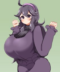 Rule 34 | 1girl, @ @, ahoge, blush, breasts, cowboy shot, creatures (company), curvy, detritus, diadem, dot nose, eyelashes, female focus, game freak, hair between eyes, hex maniac (pokemon), huge breasts, long hair, matching hair/eyes, nintendo, pokemon, pokemon xy, purple eyes, purple hair, shiny clothes, shiny skin, sidelocks, simple background, smile, solo, spider web print, standing, w arms, wide hips