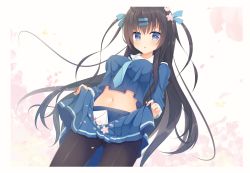 Rule 34 | 1girl, :o, black hair, black pantyhose, blue eyes, blue necktie, blue ribbon, blue serafuku, blue shirt, blue skirt, blush, breasts, commentary request, crop top, envelope, flower, gluteal fold, hair between eyes, hair flower, hair ornament, hair ribbon, hairclip, heart, highres, humuyun, letter, long hair, looking at viewer, love letter, medium breasts, midriff, navel, necktie, original, pantyhose, parted lips, pink flower, pleated skirt, ribbon, sailor collar, school uniform, serafuku, shirt, skirt, skirt basket, solo, very long hair, white sailor collar