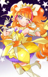 Rule 34 | 1girl, absurdres, amanogawa kirara, arm garter, bare shoulders, boots, bow, choker, collarbone, commentary request, cure twinkle, double v, dress, earrings, eyelashes, frilled dress, frills, gloves, go! princess precure, gradient background, hair ornament, happy, high heel boots, high heels, highres, jewelry, long hair, looking at viewer, magical girl, multicolored hair, one eye closed, orange hair, pink hair, precure, purple background, purple eyes, quad tails, scrunchie, sharumon, smile, solo, star (symbol), star earrings, strapless, streaked hair, thigh boots, tiara, two-tone hair, v, waist bow, white gloves, yellow choker, yellow dress