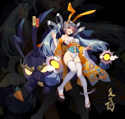 Rule 34 | 1girl, absurdres, animal ears, breasts, brown eyes, carrot, character name, fake animal ears, highres, japanese clothes, large breasts, leotard, long hair, looking at viewer, onmyoji, open mouth, playboy bunny, rabbit, rabbit ears, rabbit girl, rekaerb maerd, silver hair, smile, solo, thighhighs, twintails, white thighhighs, zoom layer
