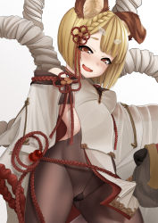 Rule 34 | 1girl, animal ears, blonde hair, blush, braid, breasts, brown eyes, brown pantyhose, commentary request, detached sleeves, dog, dog ears, erune, garjana, granblue fantasy, gusset, highres, long sleeves, looking at viewer, luonawei, open mouth, pantyhose, rope, shimenawa, short hair, simple background, sleeves past fingers, sleeves past wrists, small breasts, smile, solo, vajra (granblue fantasy), white background, wide sleeves