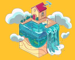 Rule 34 | bush, cloud, commentary, door, english commentary, highres, house, isometric, lamppost, no humans, original, outdoors, ozuzo, pixel art, sand, smokestack, water, yellow background