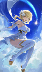 Rule 34 | 1girl, absurdres, blonde hair, blue sky, blush, boots, breasts, cloud, commentary, dress, elbow gloves, english commentary, feet, floating, flower, genshin impact, gloves, hair between eyes, hair flower, hair ornament, highres, long hair, looking at viewer, lumine (genshin impact), medium breasts, open mouth, scarf, sheng zhidou, shooting star, sky, smile, solo, thigh boots, thighhighs, thighs, twintails, white dress, white flower, white gloves, white scarf, white thighhighs, yellow eyes