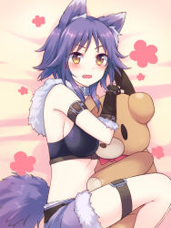 Rule 34 | 1girl, animal ear fluff, animal ears, bed sheet, black shirt, blush, breasts, brown eyes, brown gloves, commentary request, elbow gloves, fang, fingerless gloves, fur-trimmed shorts, fur trim, gloves, gucchiann, highres, large breasts, long hair, lying, makoto (princess connect!), hugging object, on side, open mouth, princess connect!, purple hair, purple shorts, shirt, short shorts, shorts, sidelocks, solo, stuffed animal, stuffed toy, tail, teddy bear, wolf ears, wolf girl, wolf tail