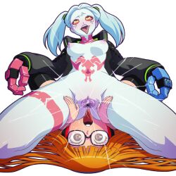 Rule 34 | 2girls, ahegao, artificial eye, bottomless, breasts, brown eyes, colored sclera, crossover, cunnilingus, cyberpunk (series), cyberpunk edgerunners, female ejaculation, female orgasm, glasses, green hair, headphones, jacket, leg tattoo, mechanical hands, medium breasts, mike inel, multiple girls, neck tattoo, nipples, no bra, open clothes, open jacket, open mouth, oral, orange hair, orgasm, persona, persona 5, pink tattoo, pussy, raised eyebrow, rebecca (cyberpunk), red sclera, sakura futaba, samurai jacket (cyberpunk), sitting, sitting on face, sitting on person, spread pussy, stomach tattoo, tattoo, tongue, tongue out, transparent background, twintails, uncensored, yuri