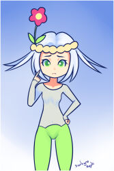 Rule 34 | 1girl, blue background, collarbone, creatures (company), drantyno, flabebe, flabebe (red flower), flat chest, flower, game freak, gen 6 pokemon, gradient background, green eyes, green pants, grey shirt, hand on own hip, headband, index finger raised, long sleeves, looking at viewer, nintendo, pants, personification, pokemon, shirt, short hair, standing, white hair
