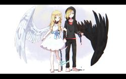 Rule 34 | 1boy, 1girl, alternate costume, angel wings, barefoot, black hoodie, black pants, blonde hair, blouse, blue bow, bow, braid, brother and sister, chain, closed mouth, creatures (company), dress, game freak, gladion (pokemon), green eyes, hair over one eye, highres, hood, hood up, hoodie, letterboxed, lillie (pokemon), long hair, miu (miuuu 721), nintendo, pants, pokemon, pokemon sm, red shirt, shirt, short hair, siblings, side braid, signature, simple background, standing, torn clothes, torn pants, twin braids, twitter username, white background, white dress, wings