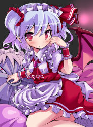 Rule 34 | 1girl, alternate costume, alternate hairstyle, ascot, bat wings, blush, brooch, enmaided, fang, female focus, givuchoko, highres, izayoi sakuya, jewelry, maid, maid headdress, pillow, red eyes, remilia scarlet, short hair, skirt, slit pupils, solo, touhou, twintails, two side up, wings, wrist cuffs