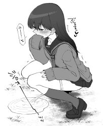 Rule 34 | 1girl, blush, collarbone, covering own mouth, female focus, flat chest, full body, grass, greyscale, half-closed eyes, hand on own thigh, hand up, heart, heavy breathing, highres, japanese text, kneehighs, knees together feet apart, laaapie, long hair, long sleeves, miniskirt, monochrome, neckerchief, original, outdoors, panties, panty pull, pee, peeing, pleated skirt, puddle, sailor collar, school uniform, serafuku, shirt, shoes, simple background, skirt, sleeves past fingers, sleeves past wrists, socks, solo, speech bubble, spoken heart, squatting, sweat, translation request, trembling, underwear, white background