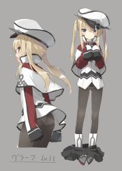 Rule 34 | 10s, 1girl, aged down, black pantyhose, blonde hair, blue eyes, blush, capelet, commentary request, flying sweatdrops, from behind, full body, graf zeppelin (kancolle), grey background, hat, kani biimu, kantai collection, multiple views, oversized clothes, panties, panties under pantyhose, pantyhose, peaked cap, profile, skirt, unworn skirt, sleeves past wrists, standing, twintails, underwear