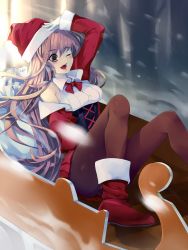Rule 34 | 1girl, ;d, bad id, bad pixiv id, black eyes, black pantyhose, blush, boots, gloves, hat, highres, long hair, off shoulder, one eye closed, open mouth, original, panties, panties over pantyhose, panties under pantyhose, pantyhose, sack, santa hat, settyaro, sitting, sleigh, smile, snow, solo, underwear, white gloves, wink