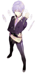 Rule 34 | 1boy, arm up, cd, ginka sima, light purple hair, long sleeves, male focus, necktie, original, pants, pink eyes, short hair, simple background, sleeves past wrists, solo, striped clothes, striped pants, white background