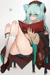Rule 34 | 1girl, animal ears, arknights, bear ears, beret, blue eyes, blue hair, blue skirt, blush, book, brown cloak, brown footwear, brown hat, cloak, closed mouth, clothes writing, commentary, expressionless, full body, grey background, hair between eyes, hat, highres, holding, holding book, istina (arknights), light blue hair, long hair, mikozin, miniskirt, monocle, panties, pantyshot, reading, ribbed legwear, shoes, simple background, skirt, socks, solo, star (symbol), tan sweater, thighs, underwear, white panties, white socks
