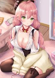 Rule 34 | 1girl, ahoge, bed, bell, blush, breasts, cleavage, collarbone, detached sleeves, game console, glasses, green eyes, hair between eyes, hair ornament, hairclip, highres, hololive, long hair, looking at viewer, off shoulder, open mouth, parted lips, partially unbuttoned, pink hair, sakura miko, sakura miko (casual), shirt, sitting, solo, thighhighs, unbuttoned, unbuttoned shirt, uni ikura, virtual youtuber, white shirt