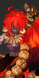 Rule 34 | 1boy, abs, anklet, bead belt, beads, belt, black sclera, clenched hand, collarbone, colored sclera, dark skin, dark-skinned male, earrings, fantasy, fiery hair, fingernails, gold, grey background, grin, hair between eyes, highres, jewelry, long hair, male focus, monologue (tfrksg), navel, necklace, orange eyes, original, pinky ring, red hair, ring, rope belt, topless male, smile, solo, tattoo, thumb ring, tribal, very dark skin