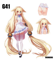 Rule 34 | 1girl, absurdly long hair, animal ears, artist name, ass, black footwear, black gloves, blonde hair, blue eyes, cat ears, character name, character sheet, clothes lift, clothes pull, full body, g41 (girls&#039; frontline), girls&#039; frontline, gloves, heterochromia, highres, long hair, looking at viewer, low-tied long hair, mary janes, mouth hold, multiple views, panties, red eyes, shirt lift, shirt pull, shoes, skirt, thighhighs, twintails, underwear, very long hair, white background, white panties, white skirt, white thighhighs, wumumu