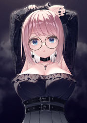 Rule 34 | 1girl, armpits, arms behind head, arms up, black-framed eyewear, black collar, black dress, black nails, blue eyes, breasts, cleavage, collar, collarbone, commentary request, dress, earrings, frilled dress, frills, glasses, heart, heart earrings, highres, jewelry, kine-c, long sleeves, looking at viewer, medium breasts, nail polish, off-shoulder dress, off shoulder, original, parted lips, pink hair, round eyewear, sleeves past wrists, solo, upper body