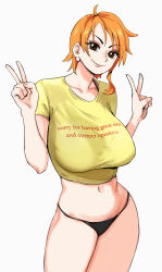 1girl absurdres black_panties bra_strap breasts brown_eyes clothes_writing cowboy_shot crop_top double_v earrings english_text highres jewelry joy_boy large_breasts looking_at_viewer nami_(one_piece) nami_(one_piece)_(post-timeskip) navel one_piece orange_hair panties shirt short_hair short_hair_with_long_locks smile thighs underwear v very_short_hair white_background yellow_shirt