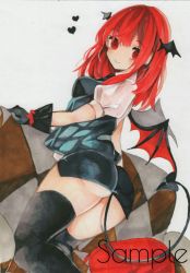 Rule 34 | 1girl, ass, bat wings, black gloves, demon tail, from behind, gloves, head wings, heart, highres, koakuma, long hair, looking at viewer, low wings, monji (monzi328), red eyes, red hair, skirt, smile, solo, tail, thighhighs, touhou, traditional media, wings
