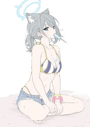 Rule 34 | 1girl, animal ear fluff, animal ears, bikini, blue archive, blue eyes, bracelet, breasts, cleavage, cross hair ornament, denim, denim shorts, earrings, food, full body, grey hair, hair ornament, halo, highres, indian style, jewelry, large breasts, looking at viewer, masabodo, mouth hold, navel, popsicle, shiroko (blue archive), short shorts, shorts, sitting, solo, striped bikini, striped clothes, swimsuit, wolf ears