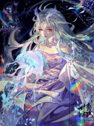 Rule 34 | 1girl, artist request, bare shoulders, bubble, closed mouth, dark background, douluo dalu, dress, expressionless, eye mask, gu yuena, hair ornament, highres, horns, long hair, purple dress, purple eyes, rainbow, sash, second-party source, solo, upper body, watermark, white hair