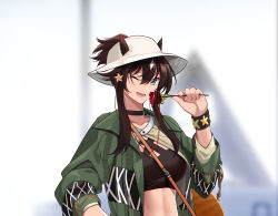 Rule 34 | 1girl, ;d, animal ears, arknights, black hair, black shirt, breasts, collarbone, commentary request, crop top, ears through headwear, fedora, green eyes, green jacket, hair between eyes, hat, highres, jacket, large breasts, long hair, long sleeves, looking at viewer, meteor (arknights), meteor (bard&#039;s holiday) (arknights), midriff, one eye closed, open clothes, open jacket, open mouth, ponytail, shijie jianfa, shirt, sidelocks, smile, solo, stomach, upper body, white hat, wristband