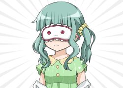 Rule 34 | 1girl, aqua hair, arms at sides, beads, blunt bangs, buttons, closed mouth, collared shirt, covered eyes, frown, futaba sana, futaba sana (roomwear costume), green shirt, hair beads, hair ornament, kokubou (nanamikeiroha), kyubey, magia record: mahou shoujo madoka magica gaiden, mahou shoujo madoka magica, medium hair, objectification, off shoulder, shirt, short sleeves, sidelocks, simple background, sleep mask, solo, split mouth, striped clothes, striped shirt, twintails, upper body, vertical-striped clothes, vertical-striped shirt, wavy hair, white background