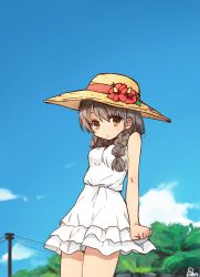 Rule 34 | 1girl, absurdres, artist name, braid, brown hair, clenched hand, cloud, cowboy shot, day, dress, flower, frills, hat, highres, long hair, looking at viewer, original, outdoors, power lines, sky, solo, sun hat, sundress, tadashi (tadashi1013), yellow eyes