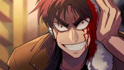 Rule 34 | 1boy, absurdres, blood, blood on face, blurry, blurry background, bright pupils, brown hair, brown jacket, commentary request, grin, highres, holding rag, inudori, itou kaiji, jacket, kaiji, long hair, looking at viewer, male focus, medium bangs, red eyes, smile, solo, upper body, v-shaped eyebrows, white pupils