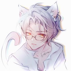 Rule 34 | 1boy, animal ears, cat boy, cat ears, cat tail, collared shirt, glasses, highres, kikizhouu, open mouth, shirt, short hair, signature, solo, tail, tears of themis, vyn richter (tears of themis), white background, white hair, white shirt, yellow eyes