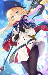 Rule 34 | 1girl, artoria caster (fate), artoria caster (second ascension) (fate), artoria pendragon (fate), belt, blonde hair, blue belt, blue capelet, blue sky, blush, breasts, capelet, closed mouth, commentary request, dress, fate/grand order, fate (series), floating hair, gloves, green eyes, hair between eyes, highres, holding, holding staff, long hair, long sleeves, looking at viewer, multicolored capelet, pantyhose, sky, small breasts, smile, solo, staff, twintails, white dress, yano mitsuki (nanairo)