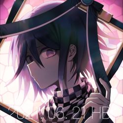 Rule 34 | 0930nv3, 1boy, checkered clothes, checkered scarf, closed mouth, commentary request, danganronpa (series), danganronpa v3: killing harmony, dated, from side, hand up, happy birthday, highres, holding, iei, looking at viewer, male focus, oma kokichi, portrait, purple eyes, purple hair, scarf, serious, solo