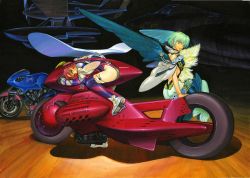 Rule 34 | 1990s (style), 2girls, aircraft, airplane, backless dress, backless outfit, blue hair, bodysuit, brown eyes, character request, commentary request, copyright request, dress, fighter jet, full body, highres, jet, mechanical wings, military, military vehicle, motor vehicle, motorcycle, multiple girls, pink hair, retro artstyle, science fiction, traditional media, vehicle focus, wings, yonemura kouichirou