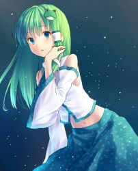 Rule 34 | 1girl, :o, bare shoulders, blue eyes, detached sleeves, frog hair ornament, green hair, hair ornament, hair tubes, hand on own cheek, hand on own face, highres, kochiya sanae, leaning forward, long hair, looking at viewer, midriff, navel, ryokucha manma, simple background, skirt, sky, snake hair ornament, solo, star (sky), starry sky, sweat, touhou