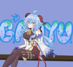 Rule 34 | 1girl, ahoge, blue hair, blush, breasts, ganyu (genshin impact), gloves, graffiti, highres, horns, large breasts, long hair, looking at viewer, medium breasts, non-web source, simple background, sitting