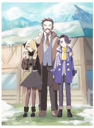 Rule 34 | 1girl, 2boys, aged down, artist name, augustine sycamore, blonde hair, brown coat, brown hair, brown jacket, brown neckwear, coat, collared shirt, commentary request, creatures (company), cynthia (pokemon), facial hair, fur-trimmed jacket, fur trim, game freak, grass, grey vest, hair over one eye, hand on another&#039;s shoulder, jacket, kusuribe, multiple boys, mustache, necktie, nintendo, outdoors, pants, pantyhose, pokemon, pokemon dppt, pokemon xy, purple coat, rowan (pokemon), scarf, shirt, skirt, standing, vest, white shirt, yellow scarf