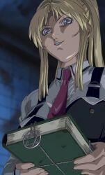 Rule 34 | 00s, 1girl, bible black, blonde hair, book, breasts, evil smile, high ponytail, holding, holding book, large breasts, lips, looking down, ponytail, saeki kaori, school uniform, screencap, shaded face, shiny skin, smile, third-party edit